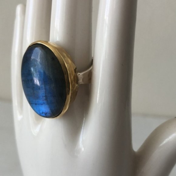 YS India Oval Labradorite Light Blue Ring in sterling silver 925 & Brass Sz.8 - Picture 6 of 16